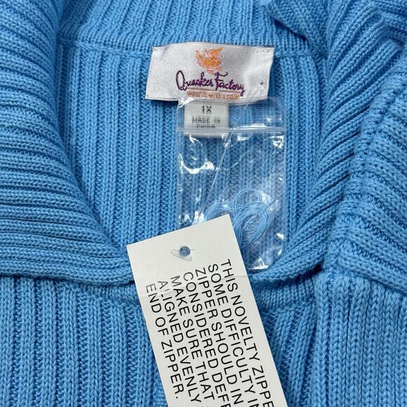 Woman's Quacker Factory Rhinestone Zipper Chunky-Knit Sky Blue Zip-up Polo Shirt - Picture 5 of 7